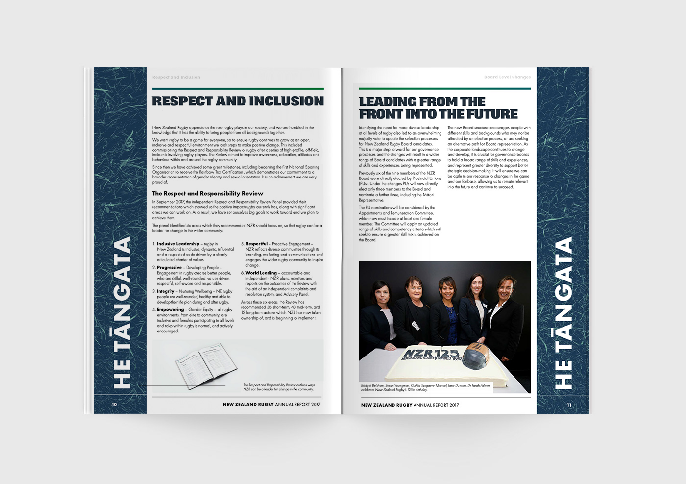 Inside spread of the 2017 New Zealand Rugby annual report