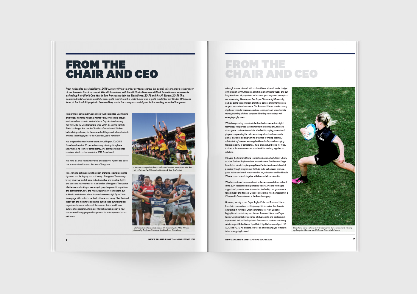 Inside spread of the 2018 New Zealand Rugby annual report with text and photos