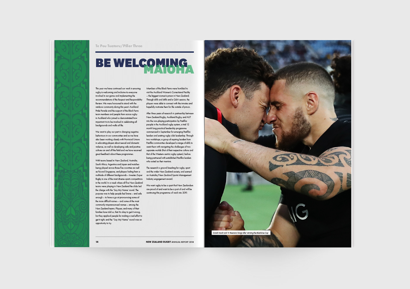 Inside spread of the 2018 New Zealand Rugby annual report